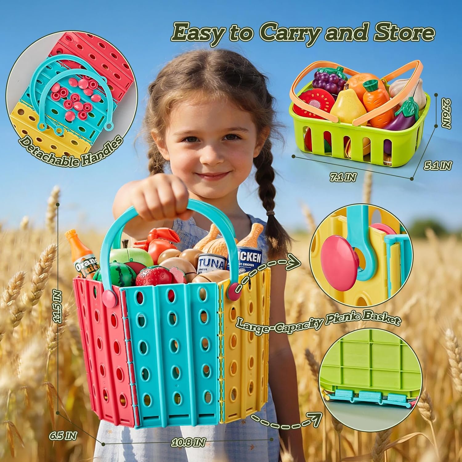 86Pc Wheat Straw Play Food for Kids Kitchen-Toy Food with 2 Baskets & Picnic Blanket, Realistic Cutting Pizza, Grocery Cans, Pretend Play Kitchen Accessories & Toddler Toys for Boys Girls 3+ - Image 7