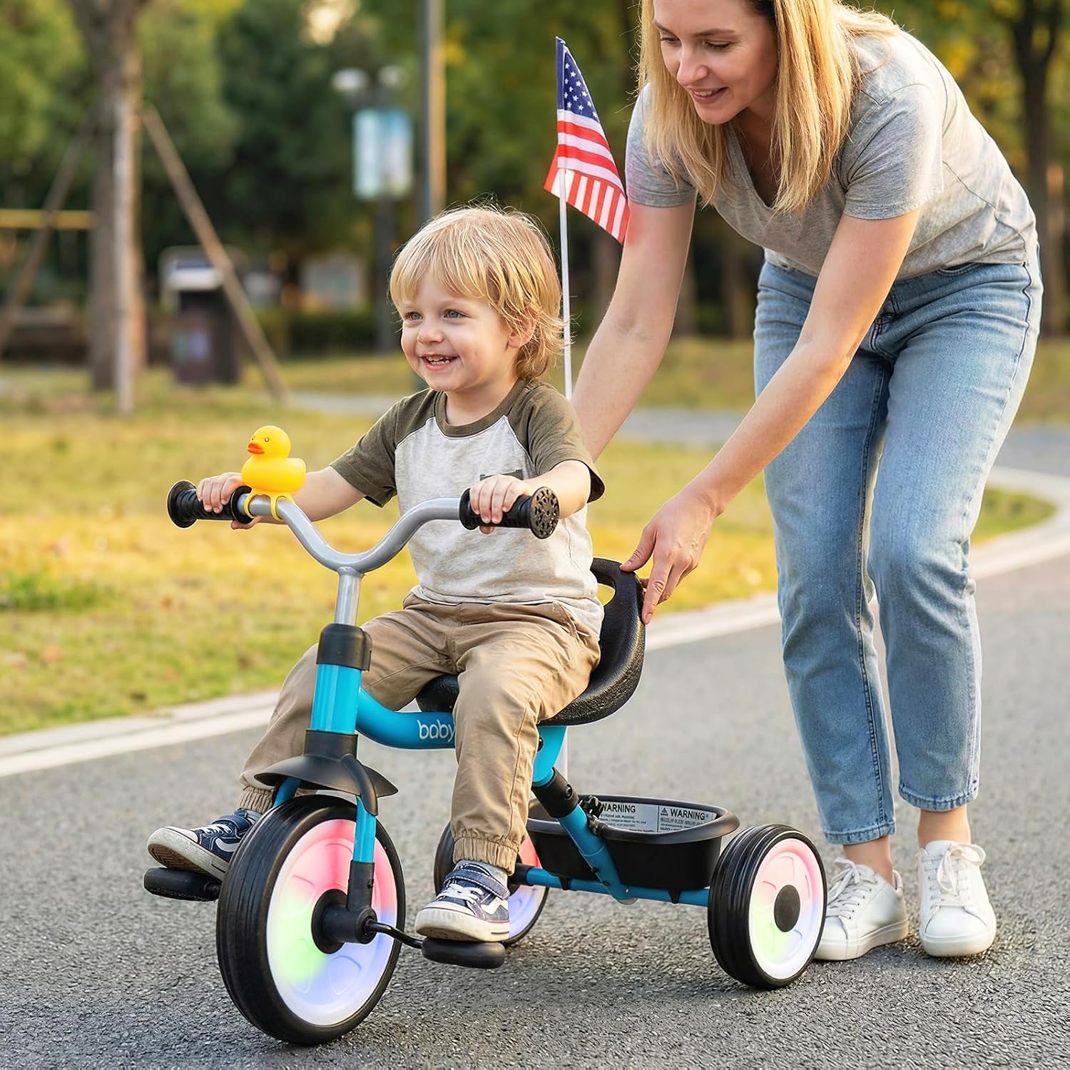 BABY JOY Toddler Bike, Folding Kids Tricycle w/Glowing Wheels, Flag, 3-Position Seat, Storage Basket & Squeaky Duck, Baby Trike Balance Bike for 1-3 Years Old Boys Girls Outdoor Play (Blue) - Image 2