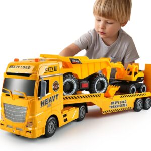 Dwi Dowellin Construction Carrier Truck Kids Toys,25.6″ Semi-Trailer Toy with Excavator and Dump Truck,Gifts for Age 3 4 5 6+ Years Old Boys Girls