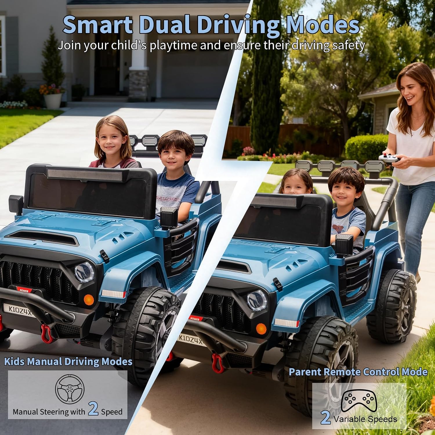 Kids 24V 2-Seater Electric Ride On Car, 4x4 Ride On Truck w/Remote Control, 4-Wheeler Suspension, 3 Speeds, Led Lights, Bluetooth, Ride on Car Toy for Kids Ages 3-8, Cyan Blue - Image 4