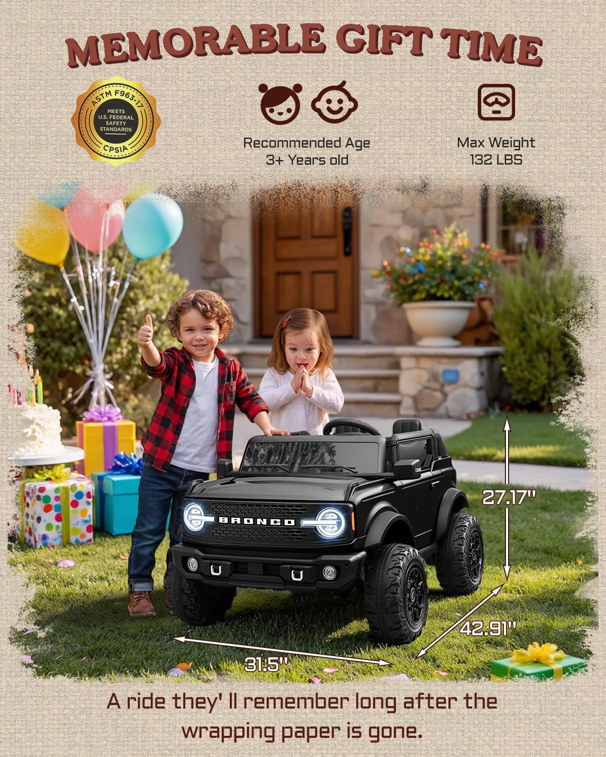 First Ride On 24V Ride on Toys for Big Kids, 2 Seater Licensed Ford Bronco Base Ride on Car, Electric Car for Kids with Parent Remote Control, Bluetooth, Seat Belts, Spring Suspension and LED (Black) - Image 8