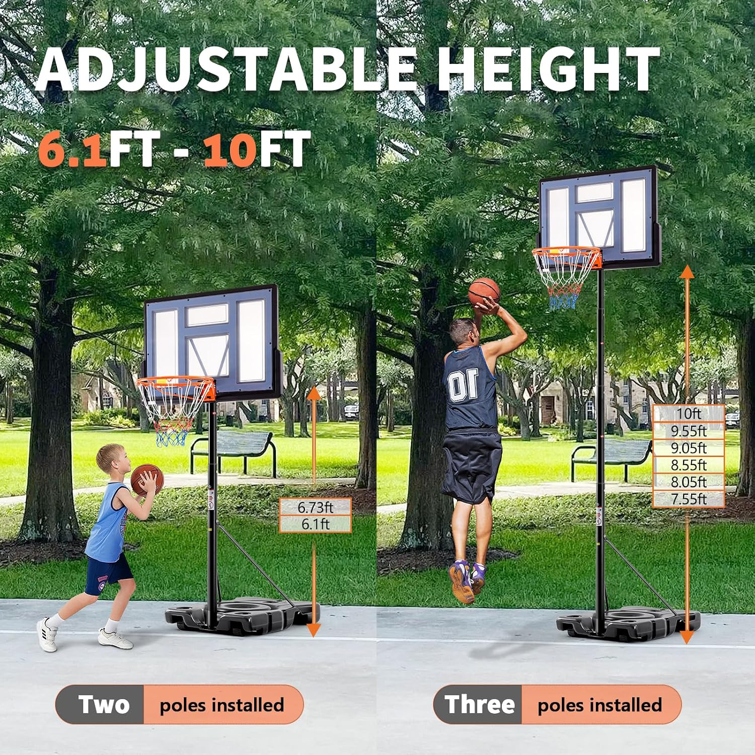 DUMOS 10FT Adjustable Height Portable Basketball Hoop Outdoor for Adult, 44 Inch Shatterproof Backboard w/Shock Absorbent Rim, Fillable Base, 2 Wheels for Swimming Pool/Indoor - Image 6