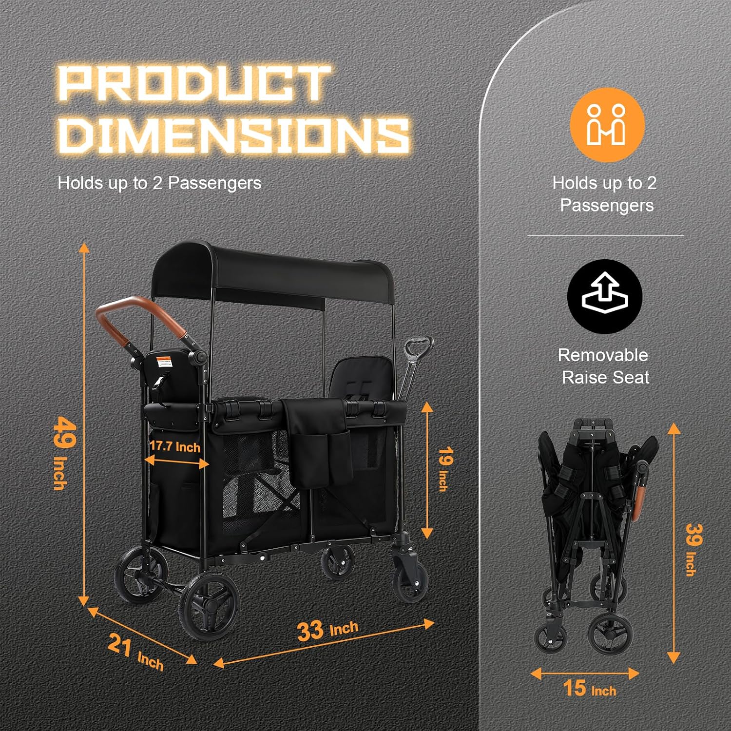 Wagon Stroller for 2 Kids, Foldable All-Terrain Wagon for Kids with Canopy, Adjustable Push and Pull Handles,Convertible High Seat & Organizer, 5 Point Harness (Black) - Image 7