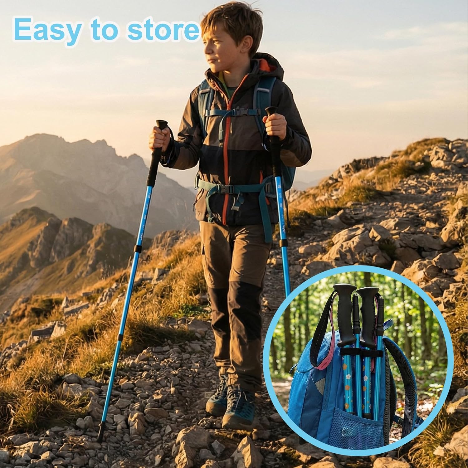 Trekking Poles - Lightweight Collapsible Kids Hiking Poles - Retractable Kids Hiking Stick, Telescoping Aluminum Trekking Poles 2 Pack, Adjustable Ski Poles - Image 5