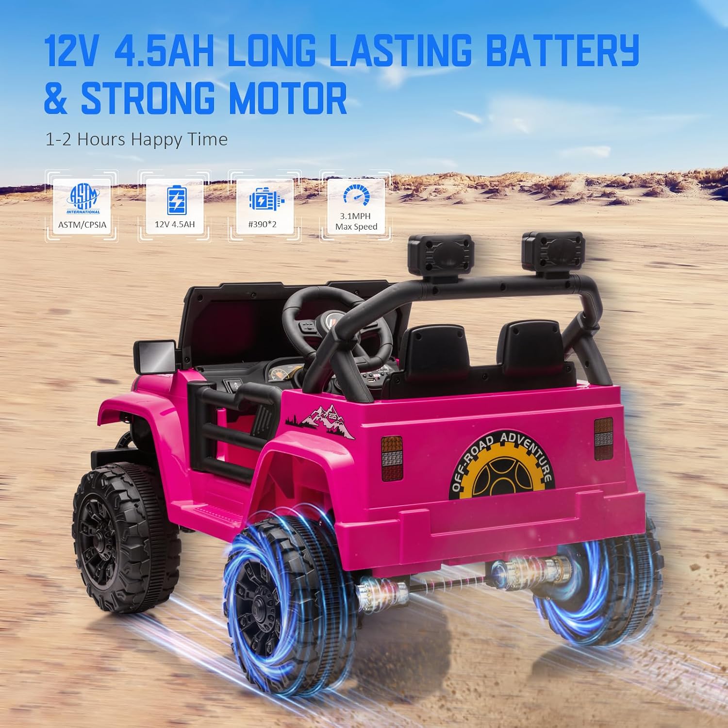 Kids Ride On Jeep Car for Kids, 12V Electric Car for Toddlers with Remote Control Boys Girls Toddler Car Ride on Toys, USB Music Player, Safety Belt, Horn, LED Lights(Pink Jeep) - Image 6
