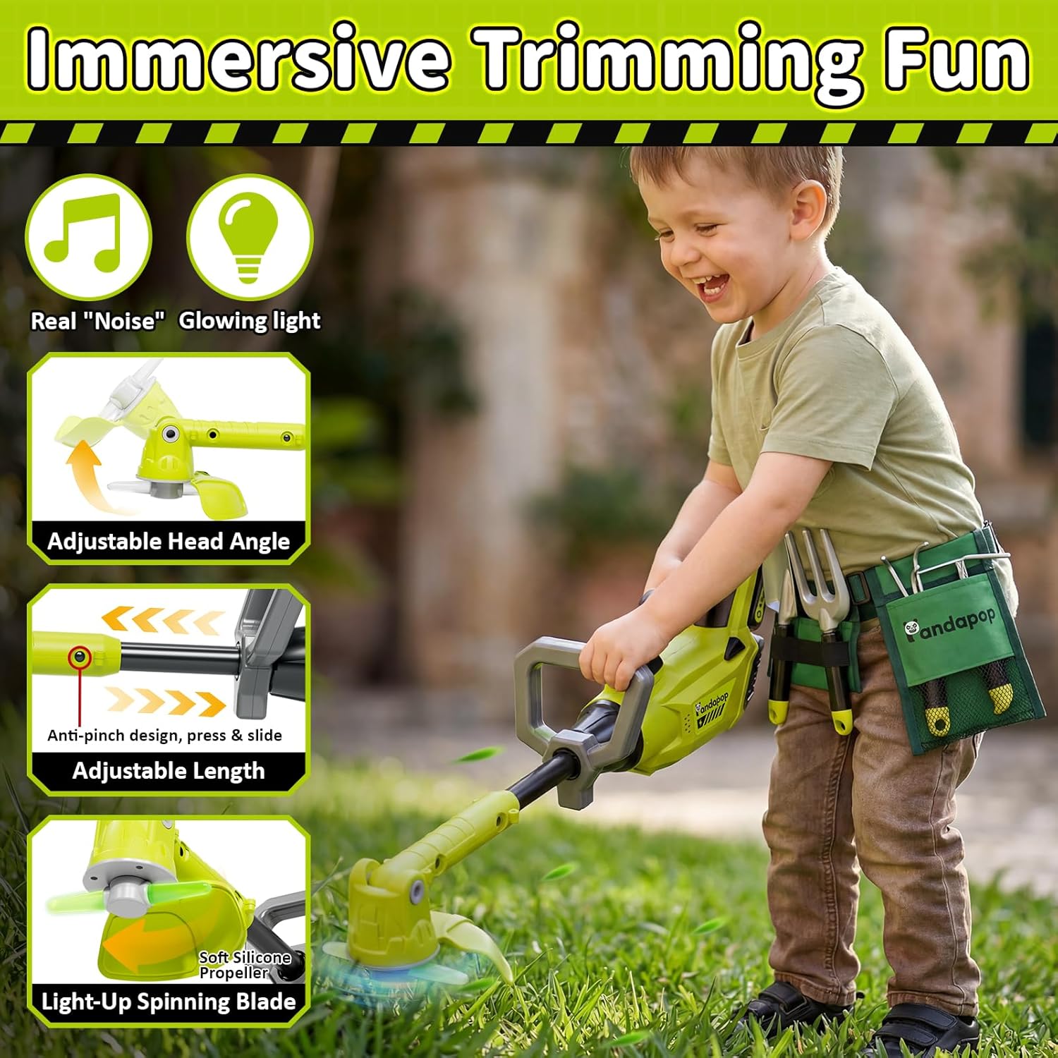 Pandapop Kids Gardening Tools Set, 2 In 1 Kids Leaf Blower & Toy Weed Wacker with Sounds & Lights, Kid Tool Set with Belt & Gloves, Outdoor Play Toy Tools, Christmas Birthday Gifts for Boys 3 4 5 6 7+ - Image 4