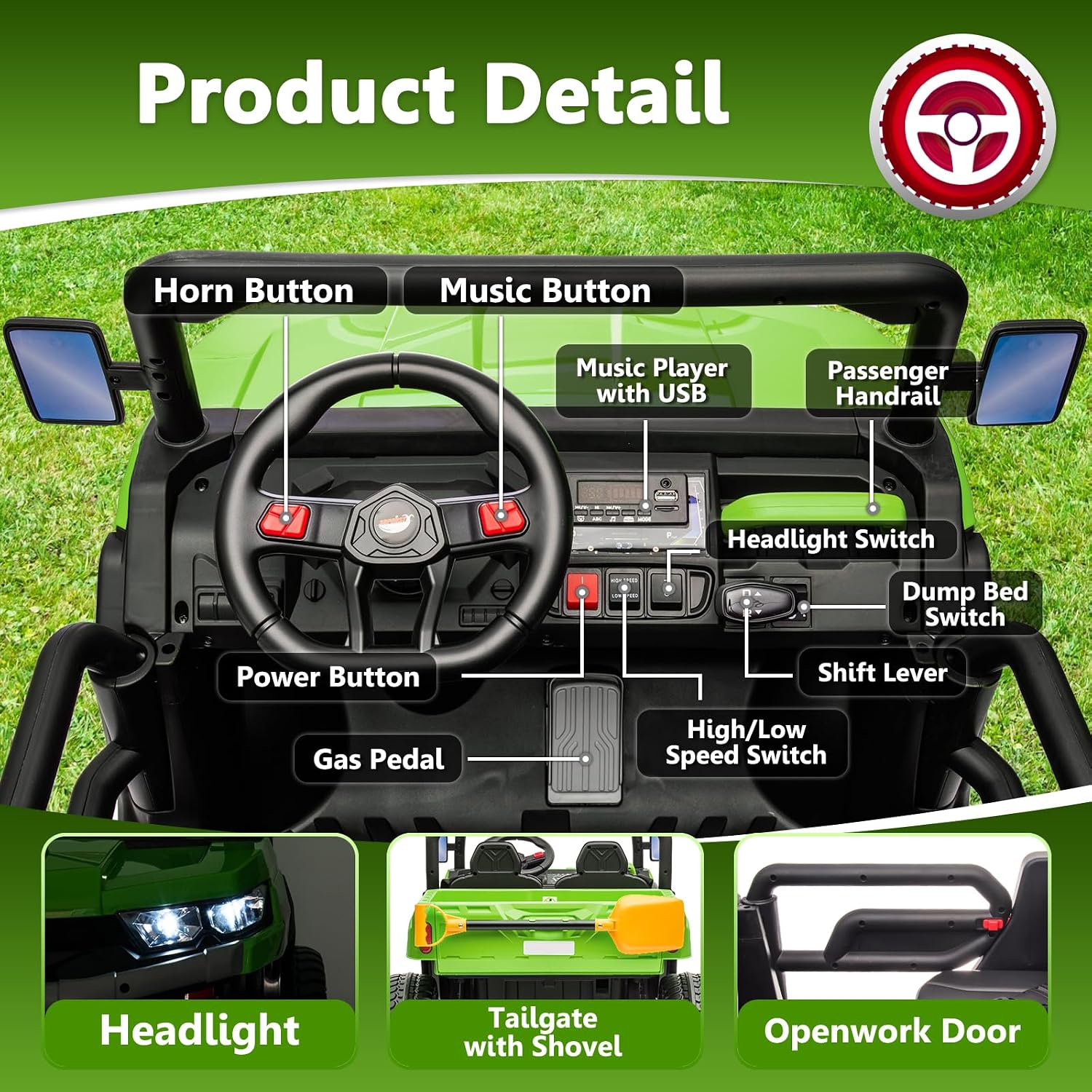Sopbost 2 Seater 24V Ride On Truck with EVA Tires Wheels 4WD Kids Electric Car with Dump Bed Ride On Toy Car with Remote Control, Kids UTV for Boys Girls, Extra Shovel,Music, Green - Image 6