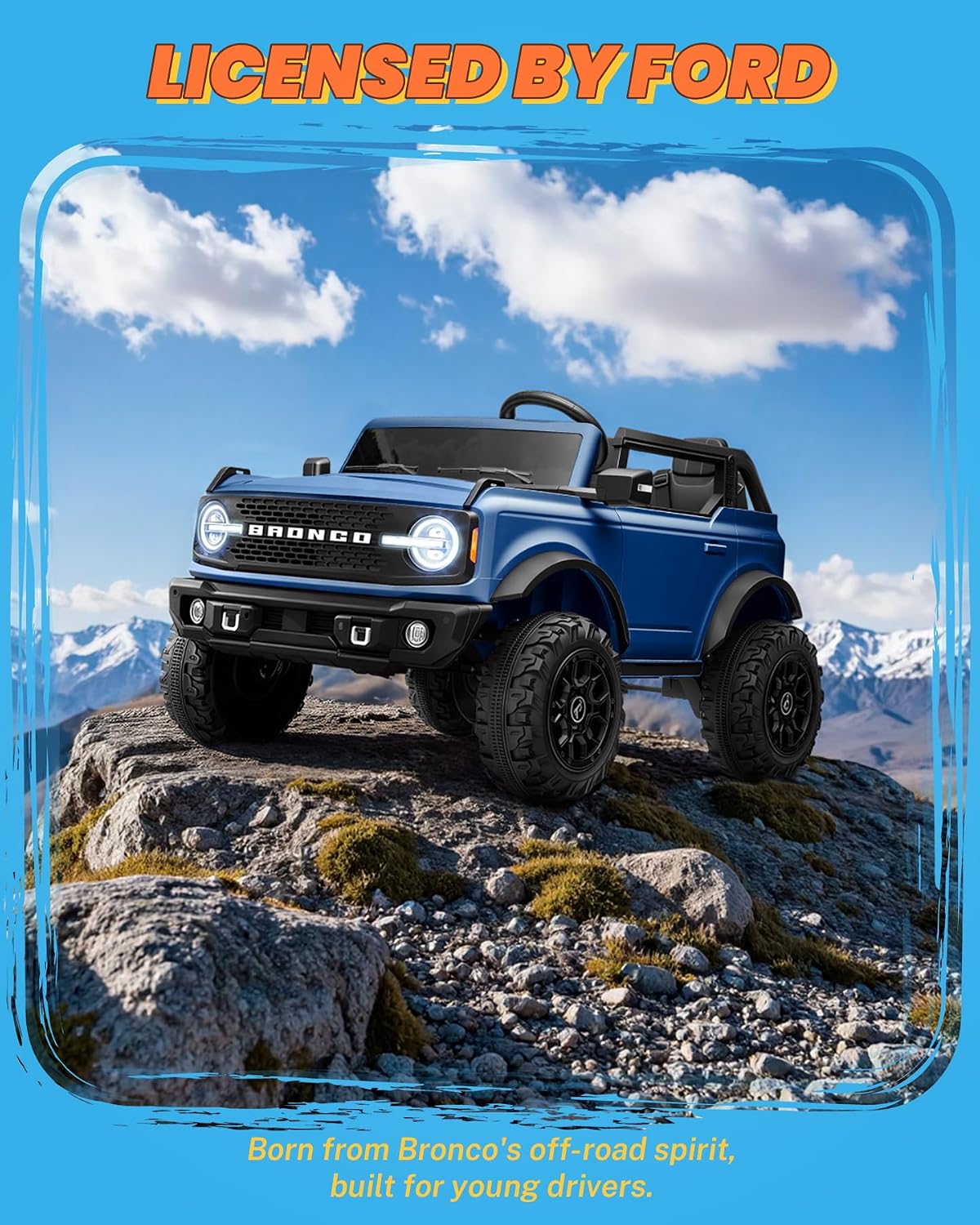 ENYOPRO 24V Ride on Toys, Licensed Ford Bronco Base 2 Seater Ride on Car for Kids, Electric Car with Remote Control, Seat Belts, LED Headlights, Bluetooth, Soft Start, Spring Suspension (Blue) - Image 2