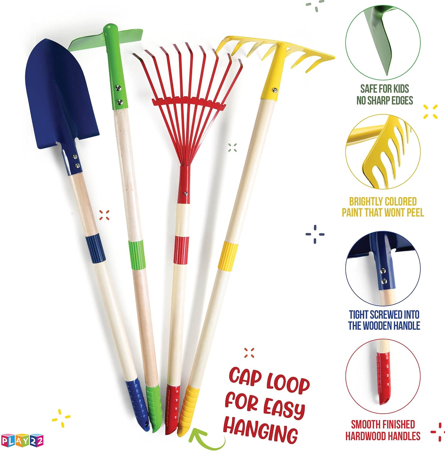 Play22 Kids Garden Tool Set Toy 4-Piece - Shovel, Rake, Hoe, Leaf Rake, Wooden Gardening Tools for Kids Best Outdoor Toys Gift for Boys and Girls - Image 2