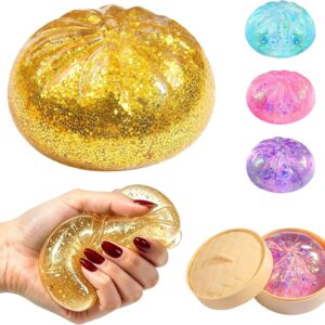 Sugar Dumpling Squishies, 2026 New Dumpling Squishy with Steamer Box, Squeeze Ball Fidget Sensory for Stress Relief (Golden)