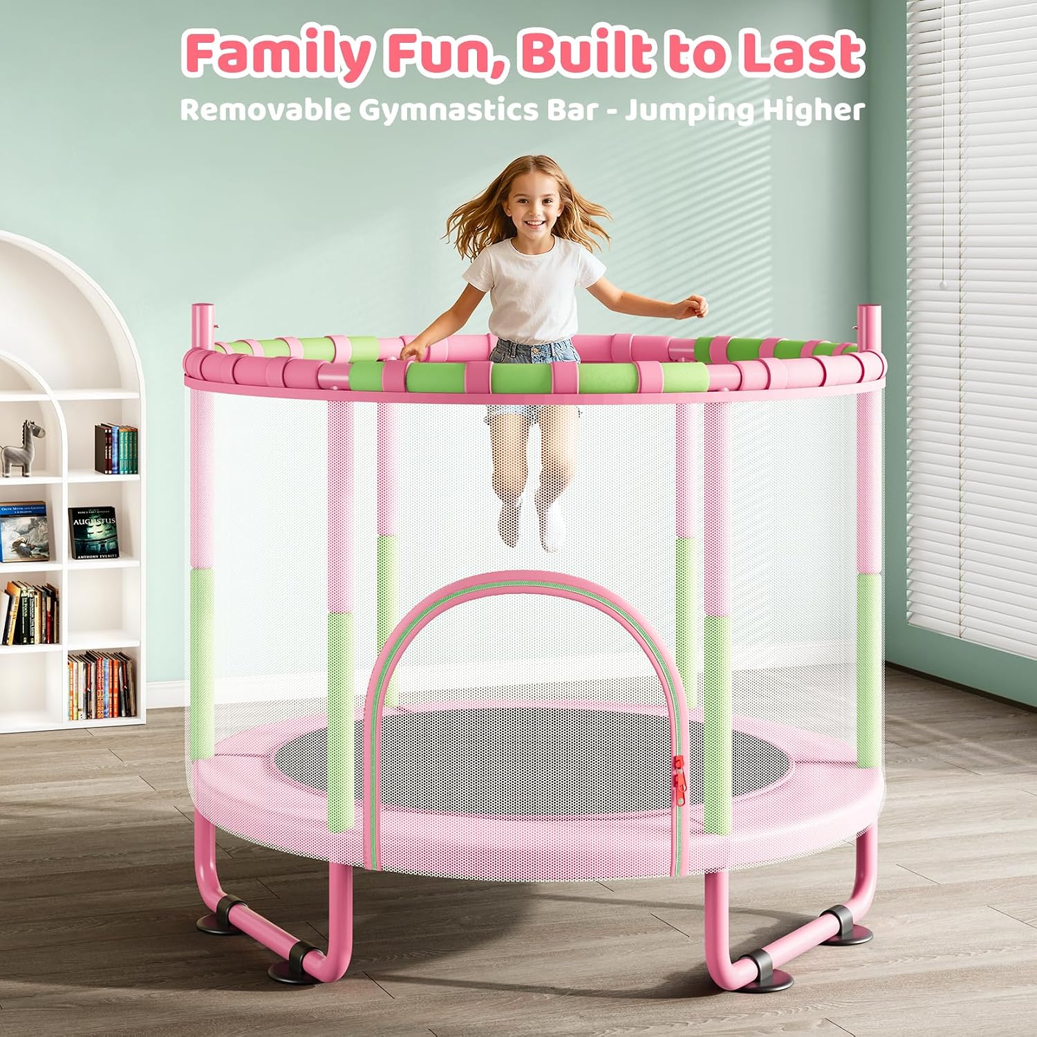 Yohood 55" Trampoline for Kids with Enclosure, 6-in-1 Toddler Trampoline Indoor Outdoor, Upgrade Full Anti-Rust Tube with Adjustable Gymnastics Bars for Boys Girls - Image 6