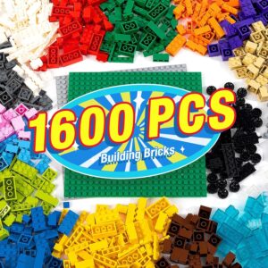 MANNIDOO 1600 Pieces Building Bricks, Building Bulk Block with 2 Packs 24×24 Studs Sticky Plate and 46PCS Wheel Accessory – Compatible with All Major Bricks, Gfits for Kid – 18 Shape/16 Colo