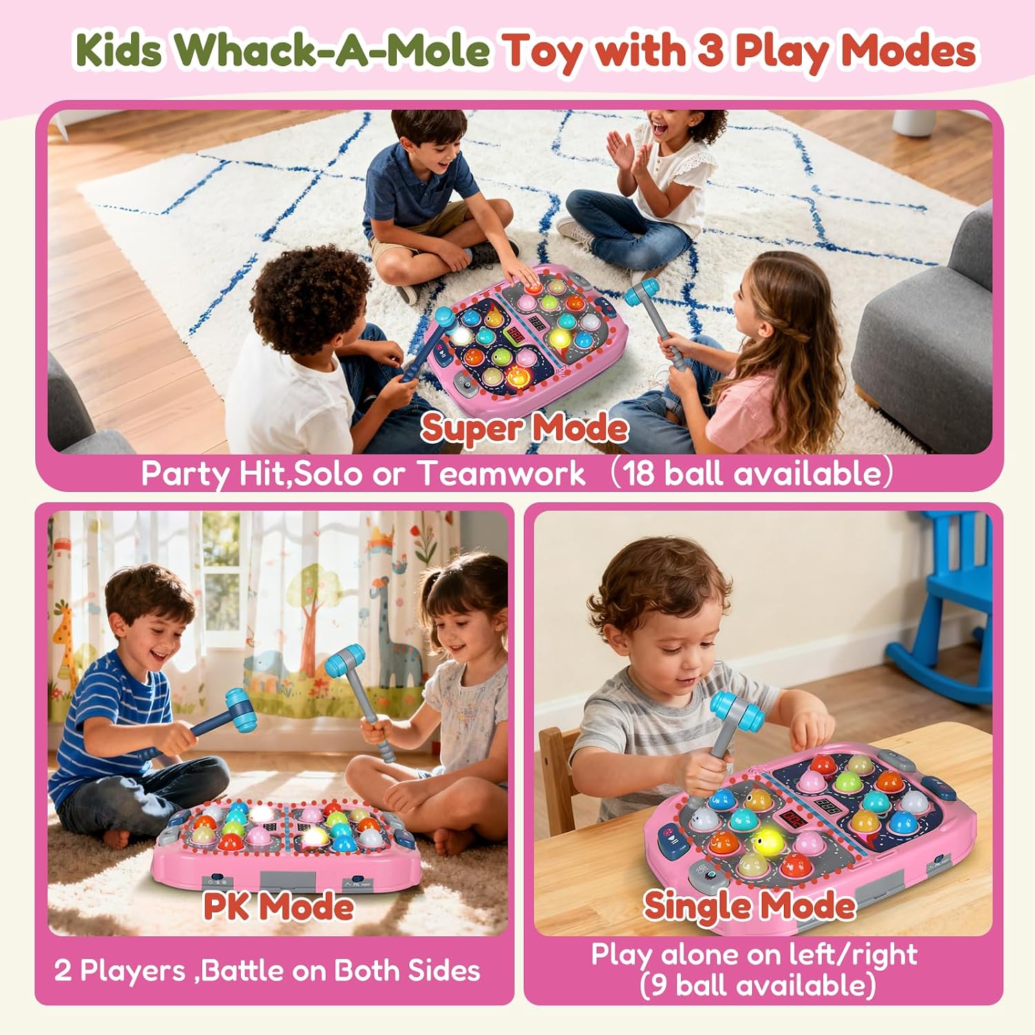 2-Player Whack Game Mole - Toys for Age 3-12 Kids,2 Hammers,3 Modes with Sound & Light,Safe Educational Pounding Toy,Birthday for 3 4 5 6+ Year Old Boys Girls,Pink - Image 2