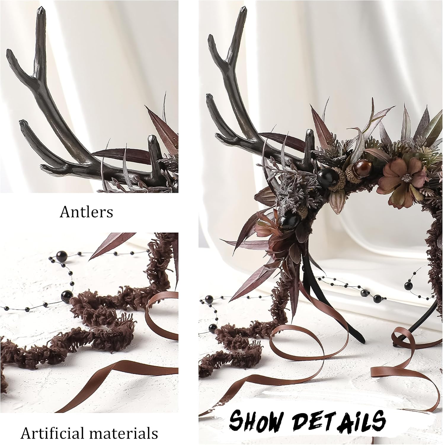 MOSTORY Flower Reindeer Headband for Women - Floral Antler Headpiece Woodland Deer Horns Hairband for Renaissance Cosplay - Image 8