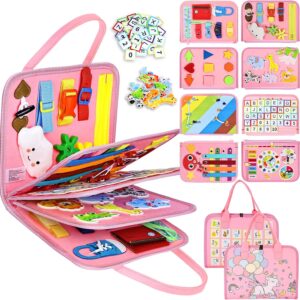 Esjay Toddler Busy Board Montessori Toys for Girls, Sensory Book Educational Activities for Learning Fine Motor Skills, Birthday Gifts for Girls Toddlers, Travel Toys for Airplane Car, Pink Multipages