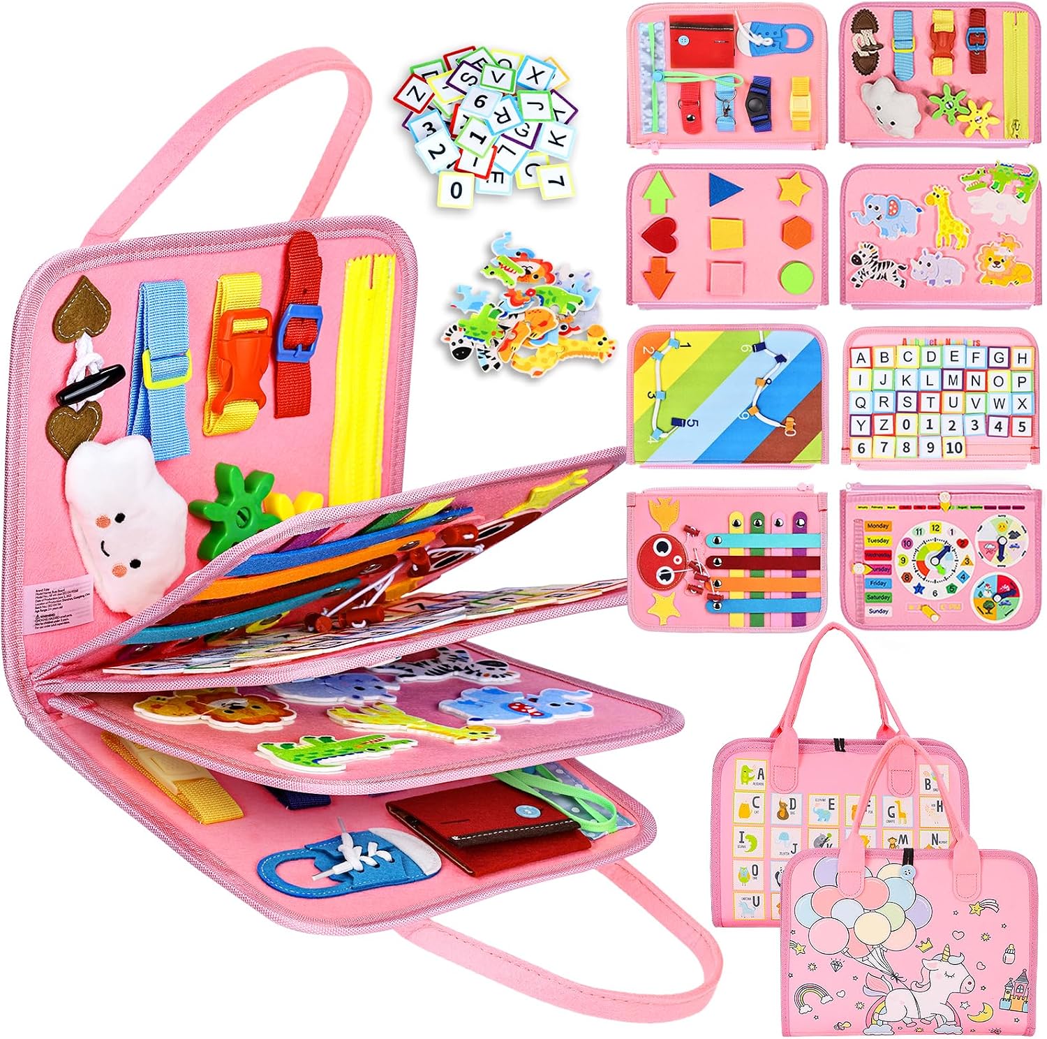 Esjay Toddler Busy Board Montessori Toys for Girls, Sensory Book Educational Activities for Learning Fine Motor Skills, Birthday Gifts for Girls Toddlers, Travel Toys for Airplane Car, Pink Multipages