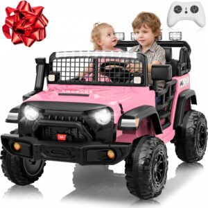 JOYRACER 24V 2 Seater Ride On Toys for Big Kids, 800W Power Truck Wheels with Remote Control, 20″ Seats, Soft Start/Brake, Bluetooth, LED Lights, 4WD Electric Ride On Car for Kids Ages 3-8, Rose Red