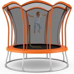 GYMAX Trampoline for Kids, 8/10FT ASTM Approved Recreational Trampoline with All-Round Enclosure & L-Shape Entrance, Flower Shape Indoor Outdoor Backyard Trampoline for Kids and Adults