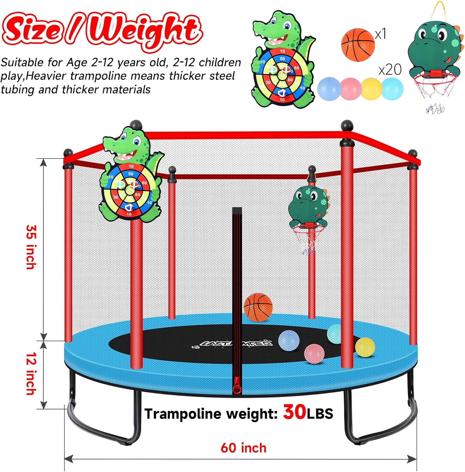 Mini Trampoline for Kids & Toddlers, Ages2-10 | Indoor & Outdoor, with Safety Enclosure Net, Basketball Hoop & Ocean Balls, Birthday Gift for Boy,Girl - Image 2