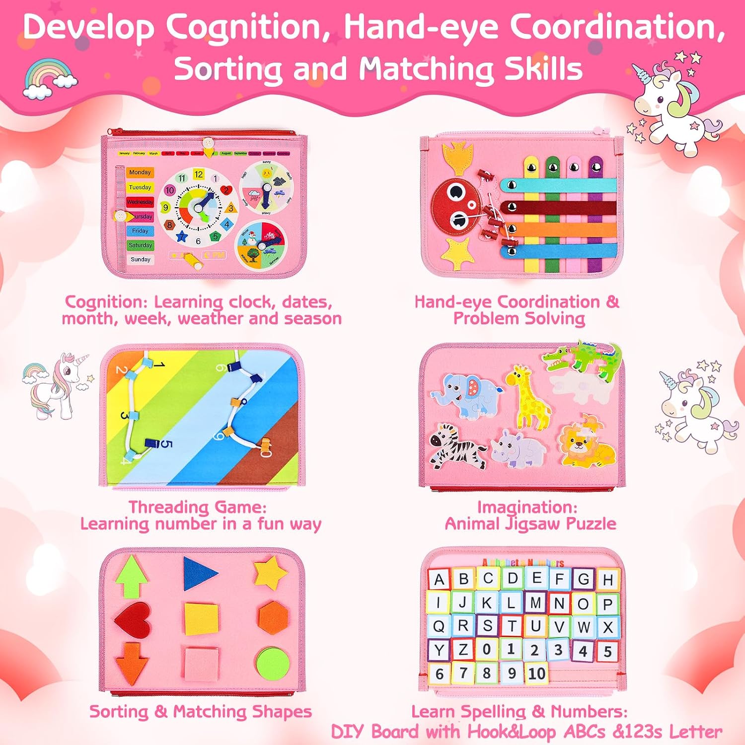 Esjay Toddler Busy Board Montessori Toys for Girls, Sensory Book Educational Activities for Learning Fine Motor Skills, Birthday Gifts for Girls Toddlers, Travel Toys for Airplane Car, Pink Multipages - Image 3