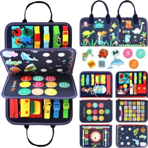 Qizfun Montessori Busy Board & Busy Book for Toddlers – Sensory & Learning Toy That Keeps Kids Busy, Travel Toy for Airplane & Car, Screen for Boys & Girls (Blue/P4)