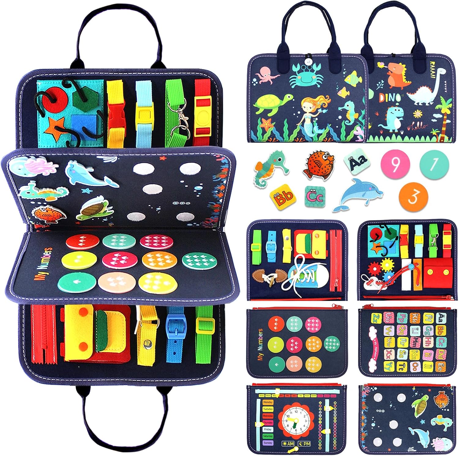 Qizfun Montessori Busy Board & Busy Book for Toddlers – Sensory & Learning Toy That Keeps Kids Busy, Travel Toy for Airplane & Car, Screen for Boys & Girls (Blue/P4)