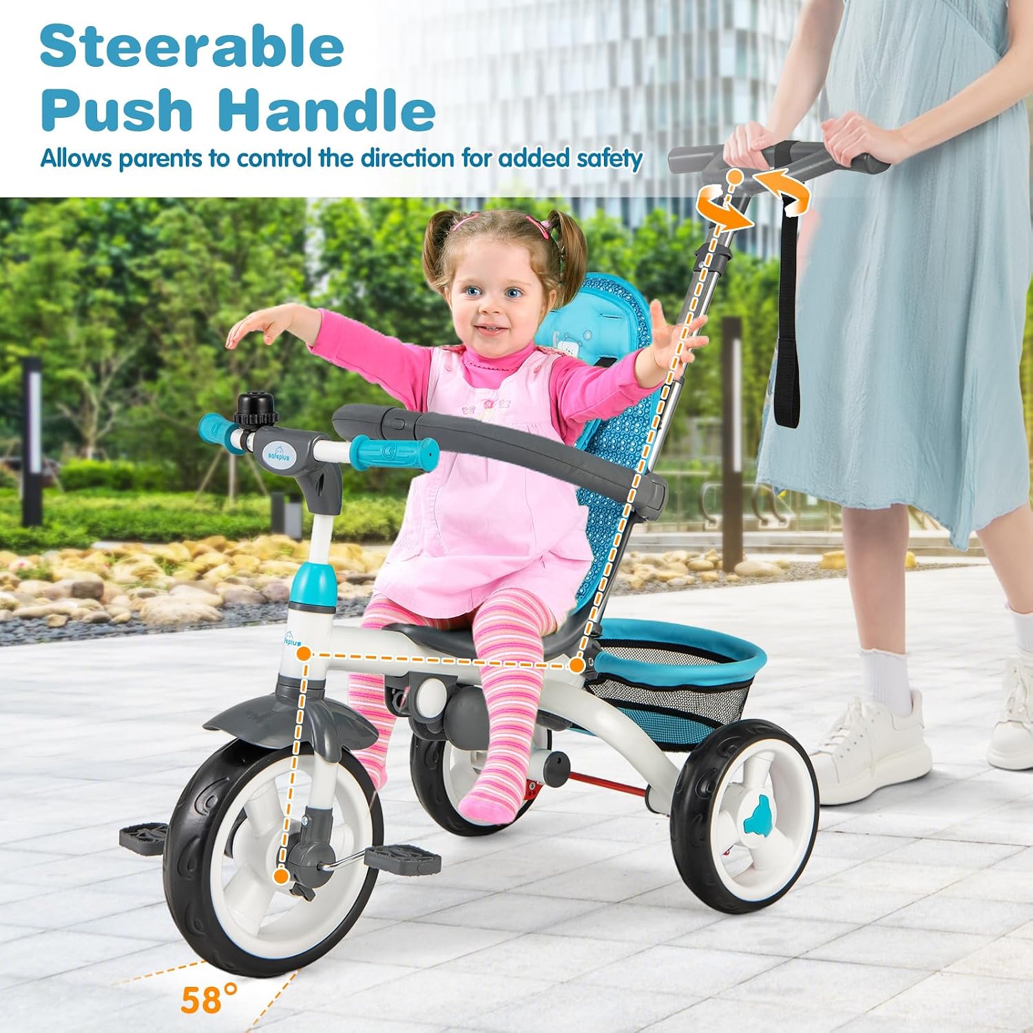 Costzon Tricycle for Toddlers, 6 in 1 Trike w/Parent Handle, Adjustable Canopy, Storage, Safety Harness & Wheel Brakes, Baby Push Tricycle Stroller for Kids Boys Girls Aged 9 Month-5 Years Old, Blue - Image 7