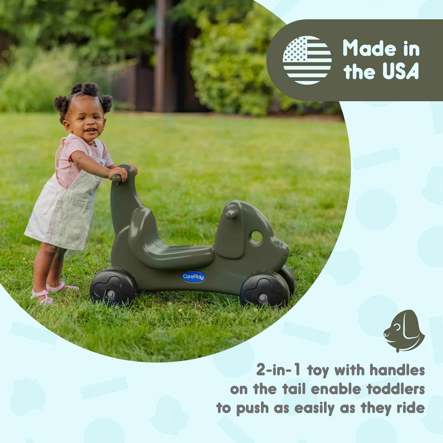 Careplay 2-in-1 Puppy Push & Ride-on Toy, Indoor & Outdoor Use, Earth Tone Color, Recommended for Children up to 50lbs, Made in The USA, Moss Green - Image 2