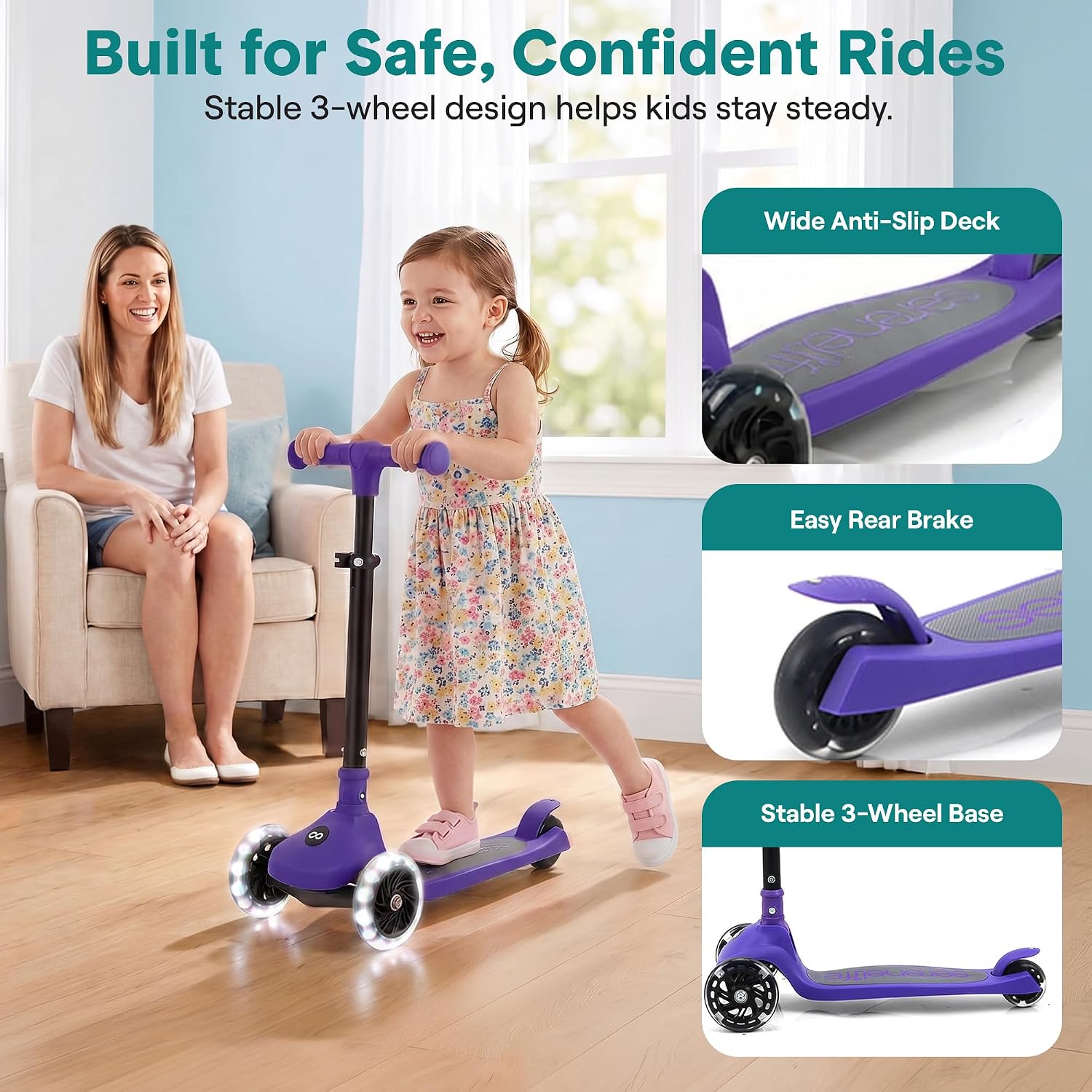 SereneLife Toddler Scooter, Adjustable Micro Scooter for Ages 2-5, Lightweight Kids 3 Wheel Design with LED Light-Up Wheels, Anti-Slip Deck & Lean-to-Steer Control, Indoor/Outdoor Use (Purple) - Image 3