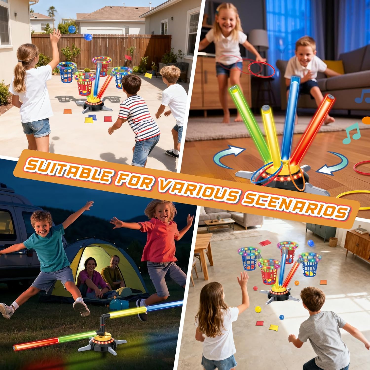 VATOS 3 in 1 Bean Bag & Ring Toss Game, Musical Jumping for Kids, Electric Spinning Base with Remote, Lights, 12 Sandbags, 12 Tossing Rings, 12 Balls, Indoor Outdoor Backyard Sport Toy for Boy Girl 3+ - Image 3