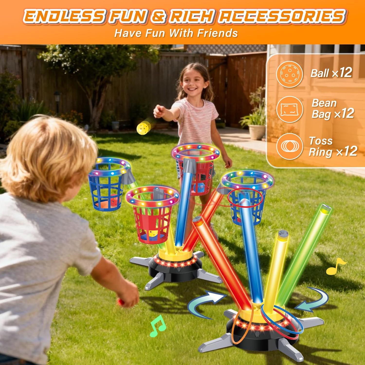 VATOS 3 in 1 Bean Bag & Ring Toss Game, Musical Jumping for Kids, Electric Spinning Base with Remote, Lights, 12 Sandbags, 12 Tossing Rings, 12 Balls, Indoor Outdoor Backyard Sport Toy for Boy Girl 3+ - Image 4