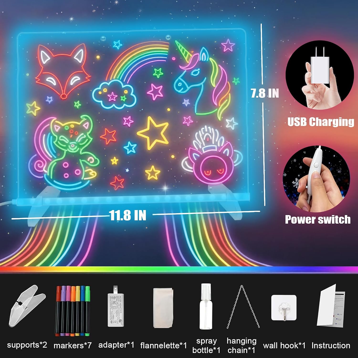 Led Note Board with Colors,Acrylic Dry Erase Board with Light,Acrylics Light Up Drawing Board,Rewritable Led Acrylic Drawing Board with 7 Color Markers (B-11.8 inch x 7.8 inch) - Image 4