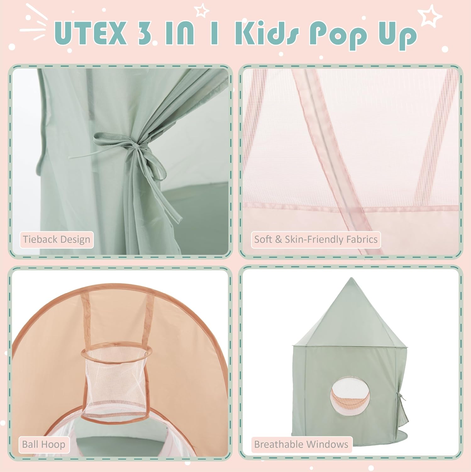 UTEX Kids Play Tent with Tunnel, 3 in 1 Pop Up Play Tent with Ball Pit, Play Crawl Tunnel for Toddler, Boys, Girls, Indoor& Outdoor Play House - Image 4