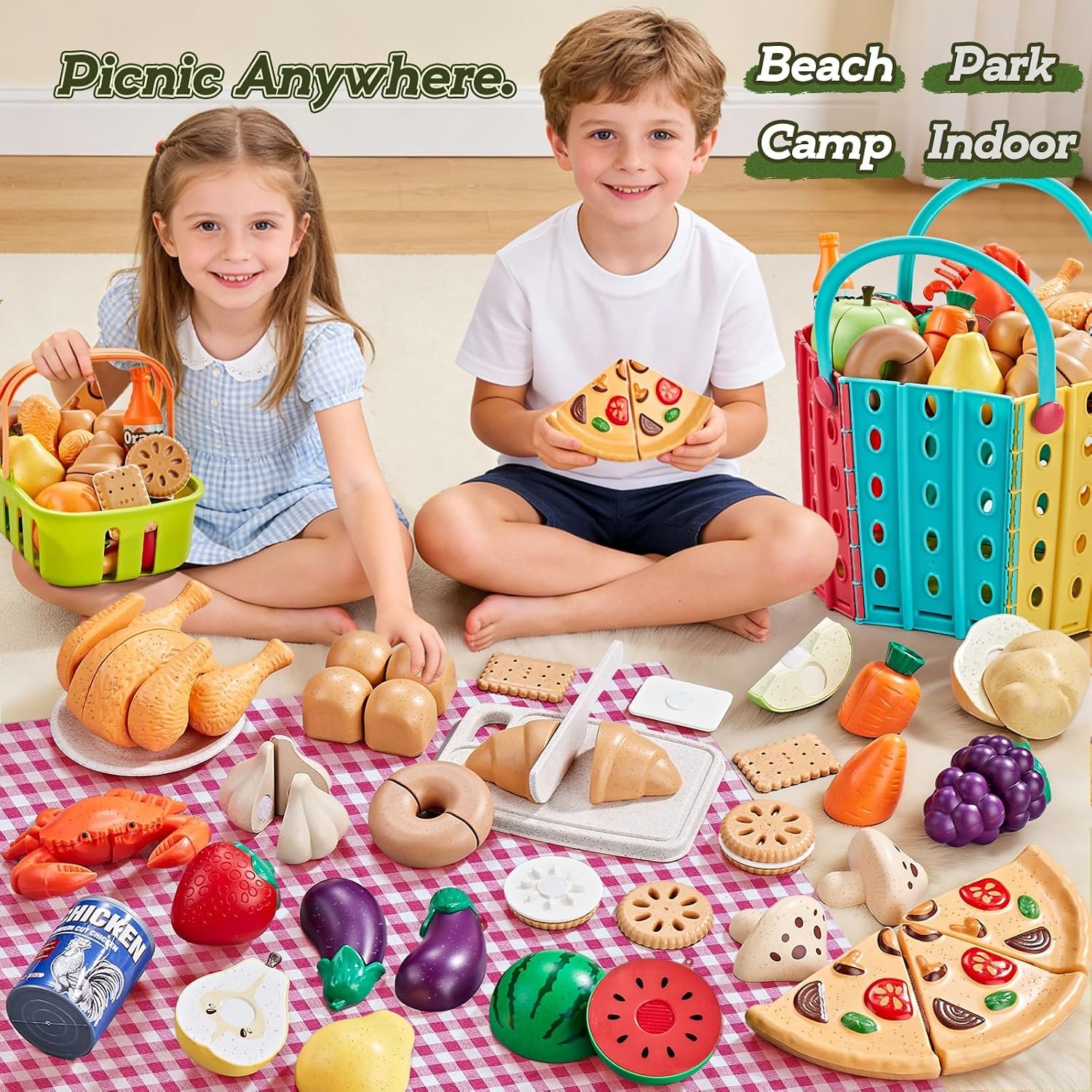 86Pc Wheat Straw Play Food for Kids Kitchen-Toy Food with 2 Baskets & Picnic Blanket, Realistic Cutting Pizza, Grocery Cans, Pretend Play Kitchen Accessories & Toddler Toys for Boys Girls 3+ - Image 2