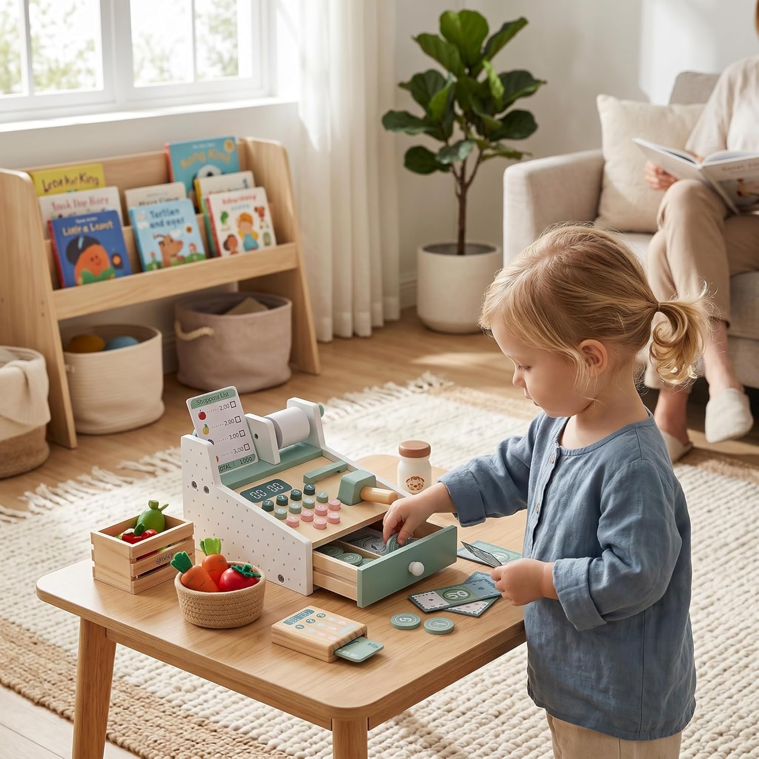 Wooden Cash Register Toy, Cash Register Toy Set with Scanner, Play Money & Shopping Cards, Kids Cashier Role Play , Educational for Learning Math Skills - Image 6