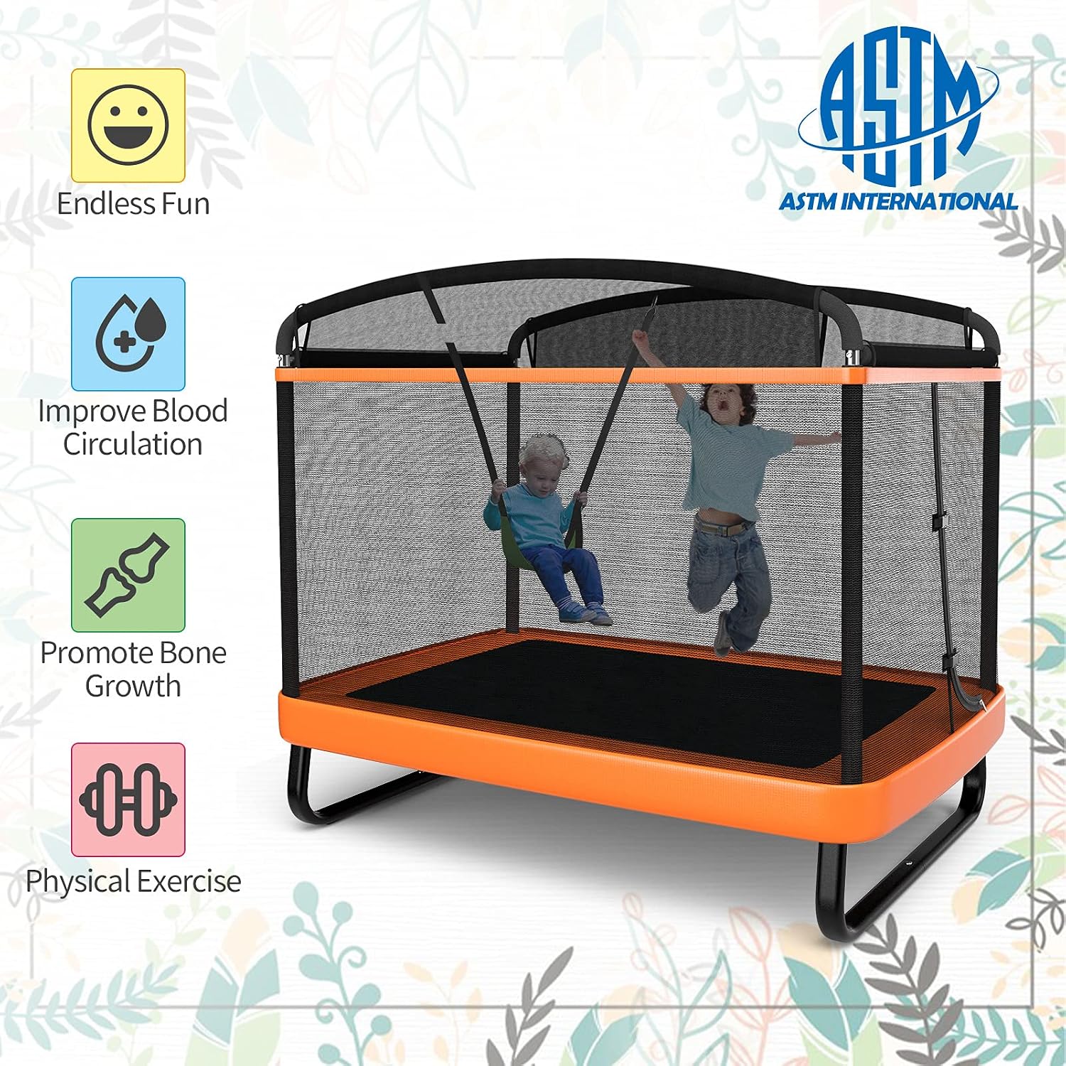 Giantex 6 FT Trampoline for Kids with Swing, Toddler Trampolines with Safety Enclosure Net, ASTM Approved, Rectangle Indoor & Outdoor Mini Kids Trampoline - Image 5