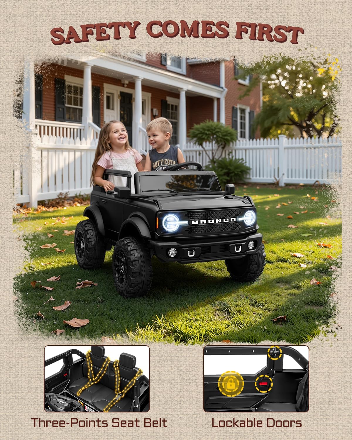 First Ride On 24V Ride on Toys for Big Kids, 2 Seater Licensed Ford Bronco Base Ride on Car, Electric Car for Kids with Parent Remote Control, Bluetooth, Seat Belts, Spring Suspension and LED (Black) - Image 4