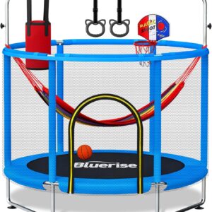 BLUERISE 60″ Trampoline for Kids 5FT Toddler Trampolines Indoor/Outdoor with Adjustable Gymnastics Bar & Safety Net, No-Gap Design, Anti-Rollover Bottom, Basketball Hoop, Gifts for Boys & Girls