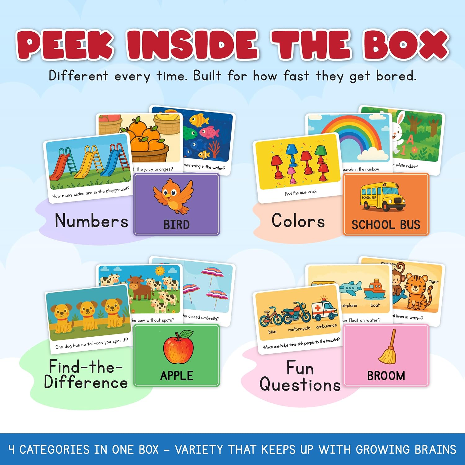 Educational Flash Cards – 50 Big Font, Thick 500 GSM Wipe-Clean Learning Cards for Numbers, Colors, Find-the-Difference & Fun Questions - Image 7
