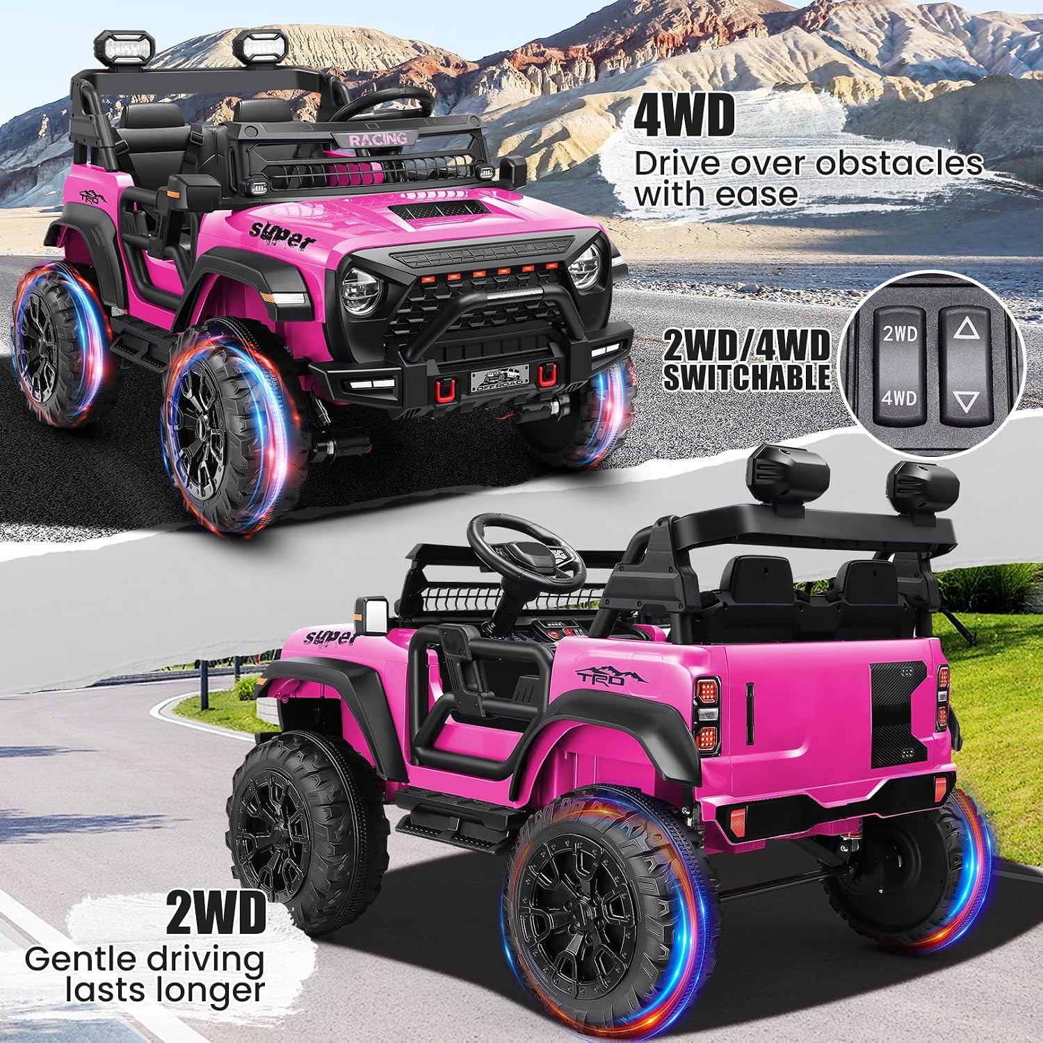 Hikole 24V Ride on Toys for Kids, 2 Seater Electric Car with Remote Control, 9AH Battery, 4×4 Powered Wheels, 20" Wide Two Seat, Speed up to 5 MPH, Suspension, Music, 24 Volt Toy for Girls, Pink - Image 3
