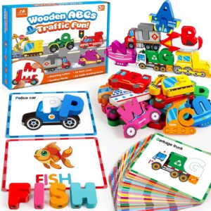 Vanmor Wooden Vehicle Alphabet Puzzle for Toddlers, Traffic ABC Letter Sight Words Matching Game with 52 Blocks and Flash Cards, Spelling Game Toys, Kindergarten Preschool Learning Activities