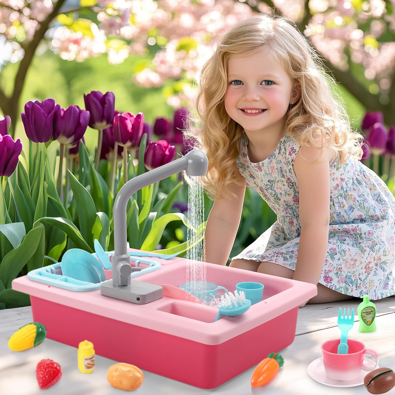 CUTE STONE Color Changing Play Kitchen Sink Toys, Children Electric Dishwasher Playing Toy with Running Water,Upgraded Real Faucet and Play Dishes,Pretend Role Play Toys for Kids Boys Girls - Image 5