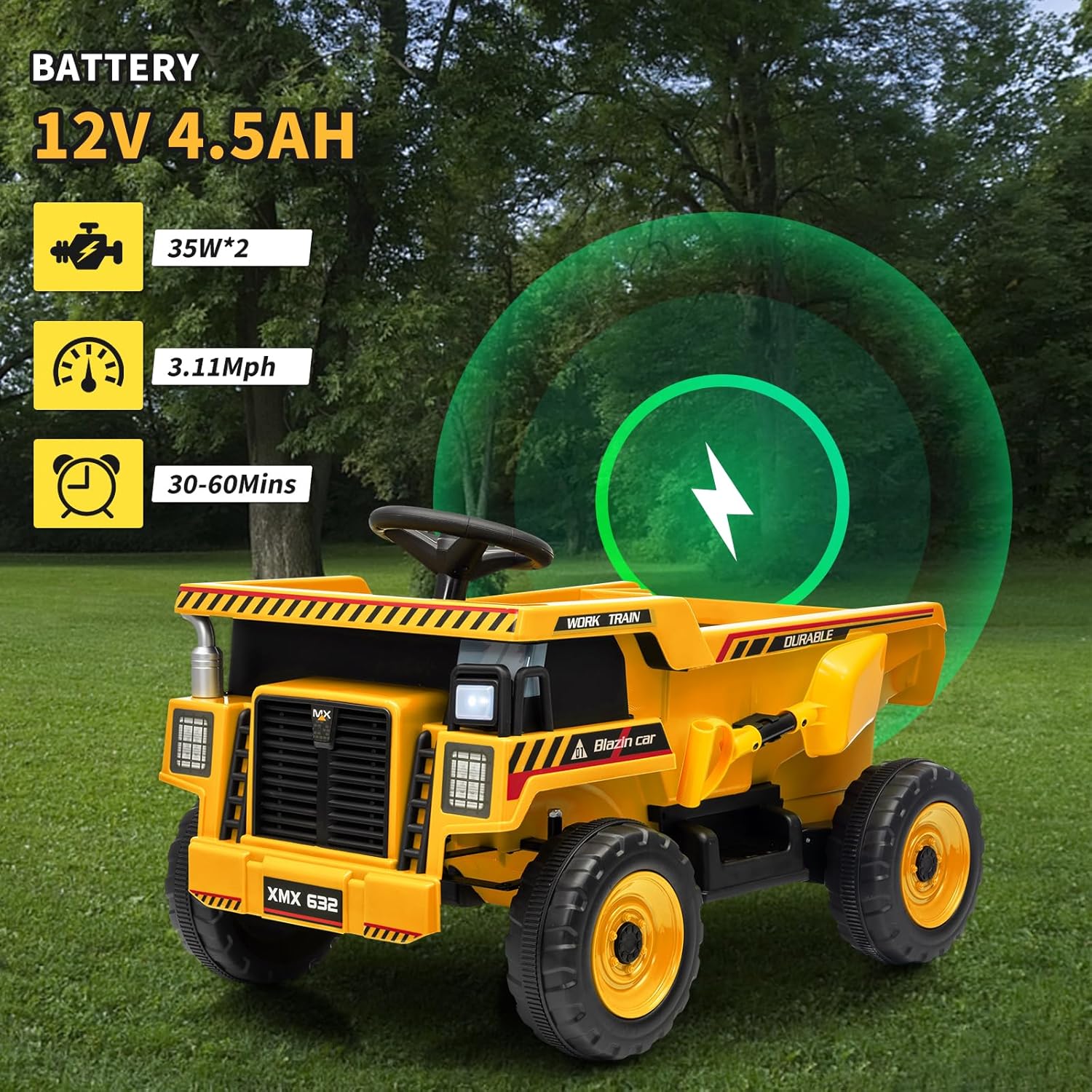 12V Ride On Dump Truck for Kids Electric Ride On Car Toy Toddlers 4 Wheeler Construction Vehicles with Remote Control, Dump Bed, Shovel, LED Lights, Music, for Kids 3-8, Yellow - Image 2