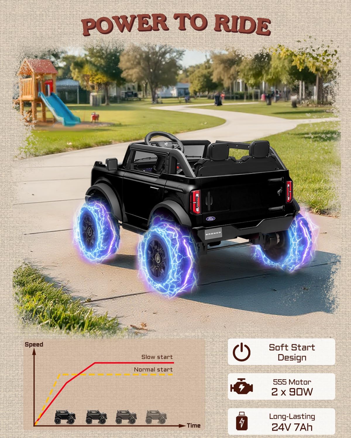 First Ride On 24V Ride on Toys for Big Kids, 2 Seater Licensed Ford Bronco Base Ride on Car, Electric Car for Kids with Parent Remote Control, Bluetooth, Seat Belts, Spring Suspension and LED (Black) - Image 7