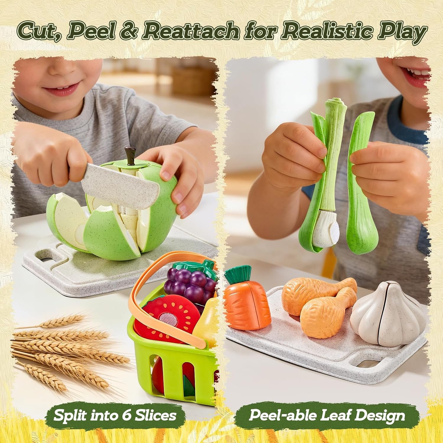 86Pc Wheat Straw Play Food for Kids Kitchen-Toy Food with 2 Baskets & Picnic Blanket, Realistic Cutting Pizza, Grocery Cans, Pretend Play Kitchen Accessories & Toddler Toys for Boys Girls 3+ - Image 3