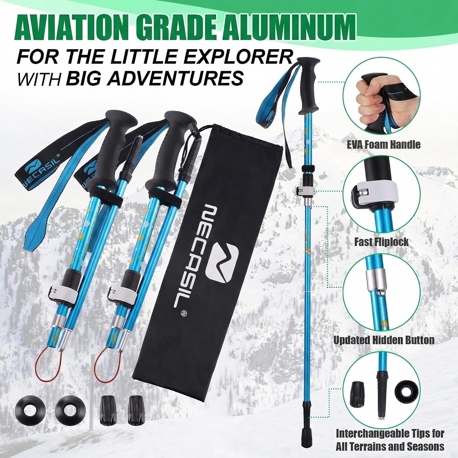 Trekking Poles - Lightweight Collapsible Kids Hiking Poles - Retractable Kids Hiking Stick, Telescoping Aluminum Trekking Poles 2 Pack, Adjustable Ski Poles - Image 4