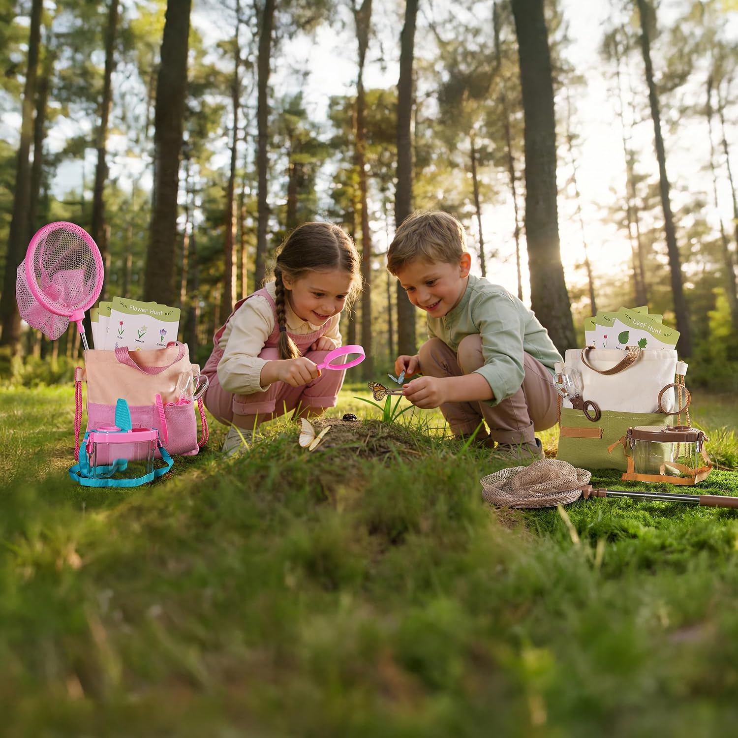 ROBOTIME Twin Color Catcher Kit for Kids: 2-Person Outdoor Explorer Set with Green & Pink Gear | Complete Hunting Kit for Siblings & Friends Ages 3+ - Image 3