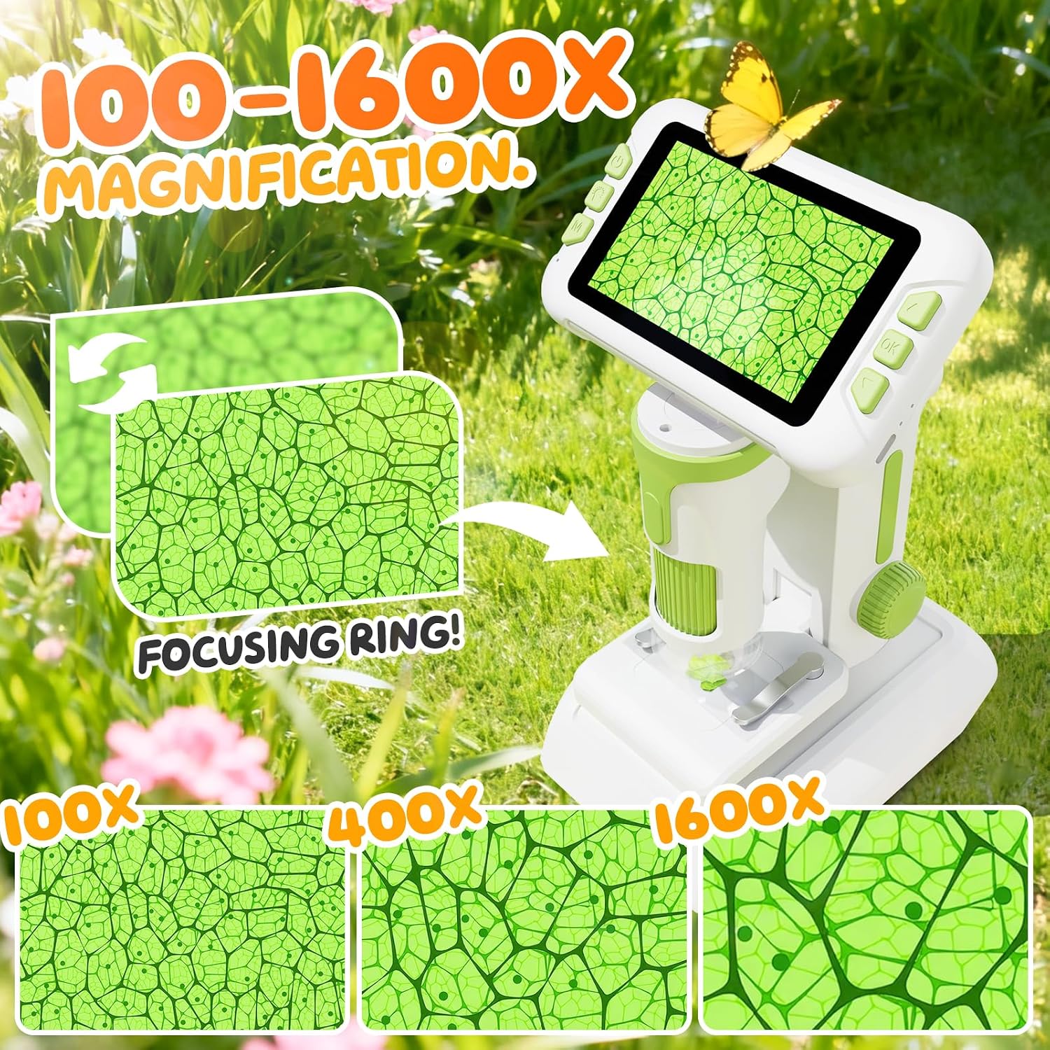 1600X Microscope for Kids, 1080P 4.0" Digital Screen Kids Microscopes with Slides Kit, Educational Science Toys for Christmas Birthday Gifts for 3-14 Year Old Children Students - Image 2