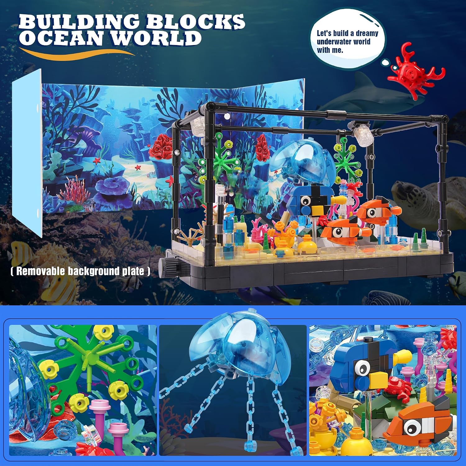 Jorumo Fish Tank Building Block, Lighting Aquarium Building Sets for Adults and Kids Including Ocean Jellyfish, Dolphin, Turtle, Crab, Animal Building Toys for Boys Age 12+, 725pcs - Image 3