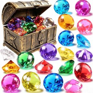 EnriQ Diving Gems Pool Toys 20 Big Colorful Diamond with Pirate Treasure Chest Swim Dive Toy for Kids Water Pool Games Swimmer Training Underwater Gemstone for Treasure Hunt Party Favors
